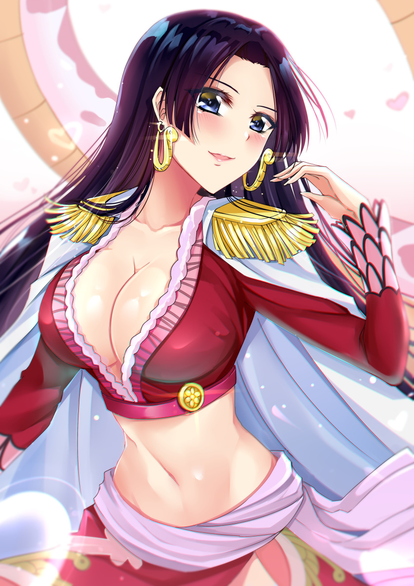 1girl :d absurdres black_hair blue_eyes blush boa_hancock breasts cleavage collarbone crop_top earrings floating_hair gu_li highres jewelry large_breasts long_hair long_sleeves looking_at_viewer midriff navel one_piece open_mouth smile solo standing stomach very_long_hair