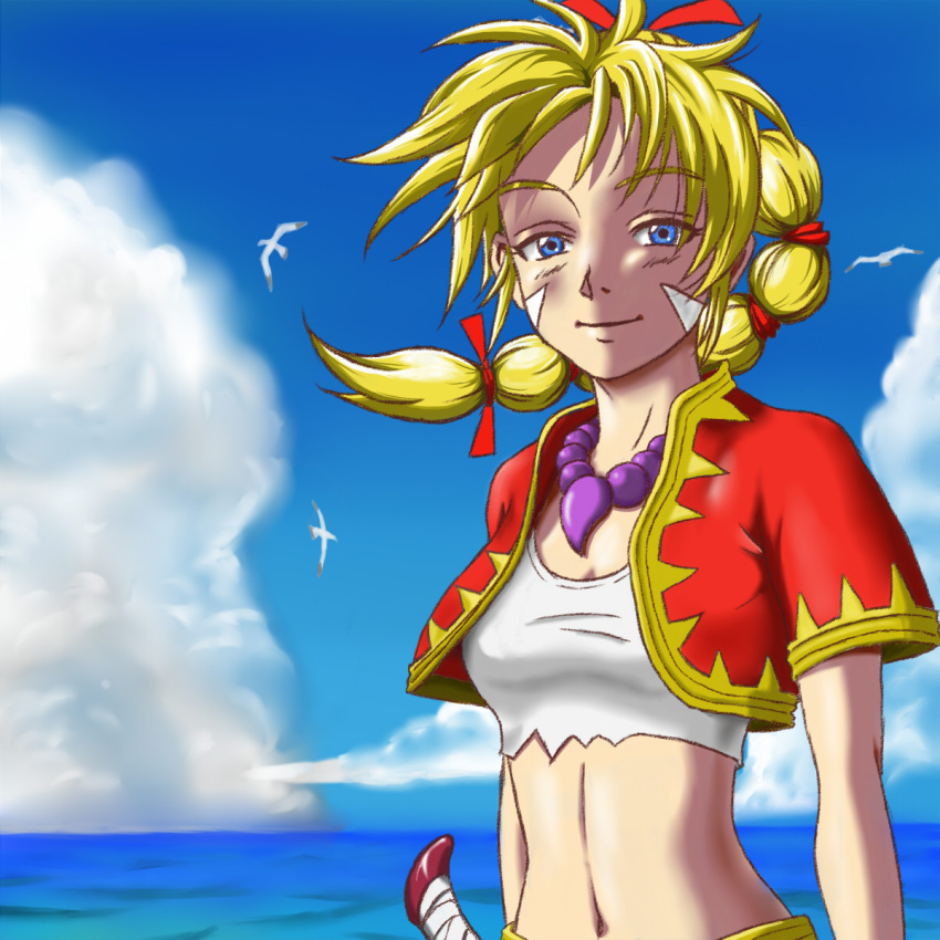 1girl anbj bandage beach blonde_hair blue_eyes breasts chrono_cross cleavage facial_mark gloves high_ponytail highres jewelry kid_(chrono_cross) long_hair looking_at_viewer midriff multi-tied_hair navel necklace ponytail skirt sky smile solo vest