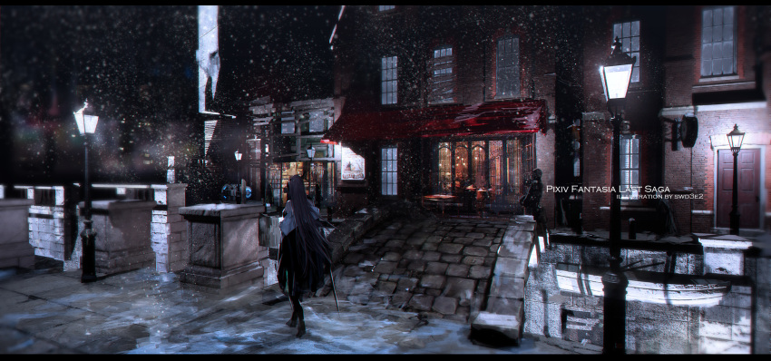 1girl artist_name bare_shoulders black_coat boots bridge brown_hair building commentary copyright_name door facing_away highres lamppost letterboxed long_hair night off_shoulder outdoors pixiv_fantasia pixiv_fantasia_last_saga reflection road scenery sett snowing solo street swd3e2 sword very_long_hair walking water weapon wide_shot window