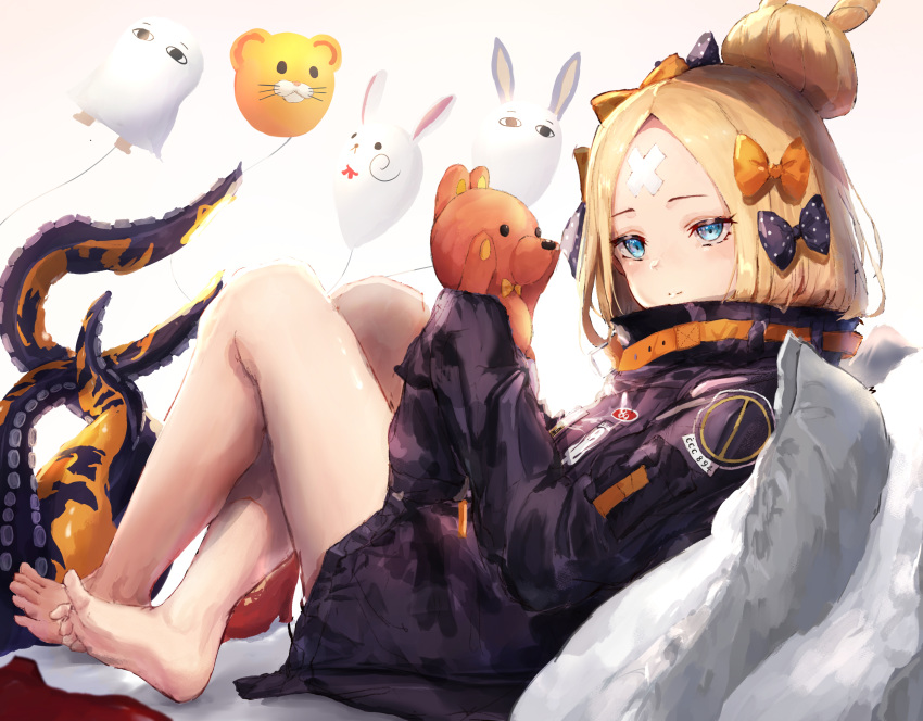 1girl abigail_williams_(fate/grand_order) artist_request balloon bandaid_on_forehead bangs barefoot black_bow black_jacket blonde_hair blue_eyes bow closed_mouth crossed_bandaids fate/grand_order fate_(series) feet forehead fou_(fate/grand_order) hair_bow hair_bun heroic_spirit_traveling_outfit highres holding holding_stuffed_animal jacket knees_up leaning_back legs long_hair long_sleeves looking_at_viewer medjed nitocris_(fate/grand_order) nitocris_(swimsuit_assassin)_(fate) orange_bow parted_bangs pillow polka_dot polka_dot_bow simple_background sitting sleeves_past_fingers sleeves_past_wrists smile solo stuffed_animal stuffed_toy teddy_bear tentacle thighs white_background