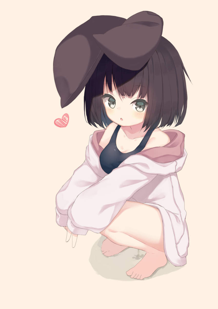 1girl :o absurdres animal_ears bangs bare_shoulders barefoot black_swimsuit blush breasts brown_background brown_hair collarbone commentary_request eyebrows_visible_through_hair full_body grey_eyes heart highres hood hood_down hooded_jacket jacket long_sleeves looking_at_viewer medium_breasts mm2k one-piece_swimsuit original parted_lips rabbit_ears school_swimsuit shadow sleeves_past_wrists solo squatting swimsuit water white_jacket