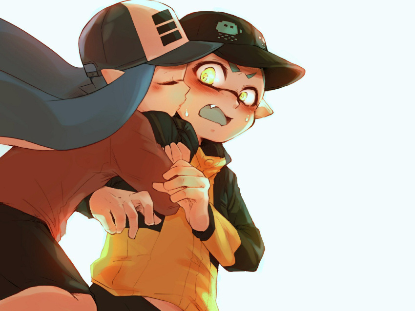1boy 1girl arm_grab baseball_cap black_headwear black_shorts blue_headwear blush cheek_kiss closed_eyes commentary constricted_pupils domino_mask fang frown green_tongue grey_headwear hat hetero highres inkling jacket kiss leaning_back leaning_forward long_hair long_sleeves looking_at_another maimo mask open_mouth pointy_ears print_hat red_shirt shirt shorts simple_background splatoon splatoon_(series) splatoon_2 standing sweatdrop tentacle_hair white_background yellow_eyes yellow_jacket