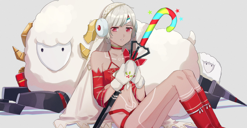 1girl altera_(fate) boots bra breasts cleavage collarbone dark_skin detached_sleeves earmuffs fate/grand_order fate_(series) gina_61324 gloves grey_background highres looking_at_viewer mittens panties red_bra red_eyes red_footwear red_panties red_sleeves sheep short_hair silver_hair sitting small_breasts solo striped_sleeves underwear underwear_only veil white_gloves