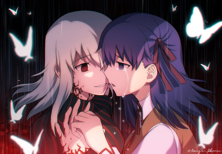 2girls black_legwear bug butterfly collared_shirt crying crying_with_eyes_open dual_persona fate/stay_night fate_(series) grin hair_ribbon homurahara_academy_uniform insect long_sleeves matou_sakura meiji_ken multiple_girls neck_ribbon open_mouth purple_hair red_eyes red_ribbon ribbon shirt silver_hair smile tears twitter_username violet_eyes white_shirt wing_collar