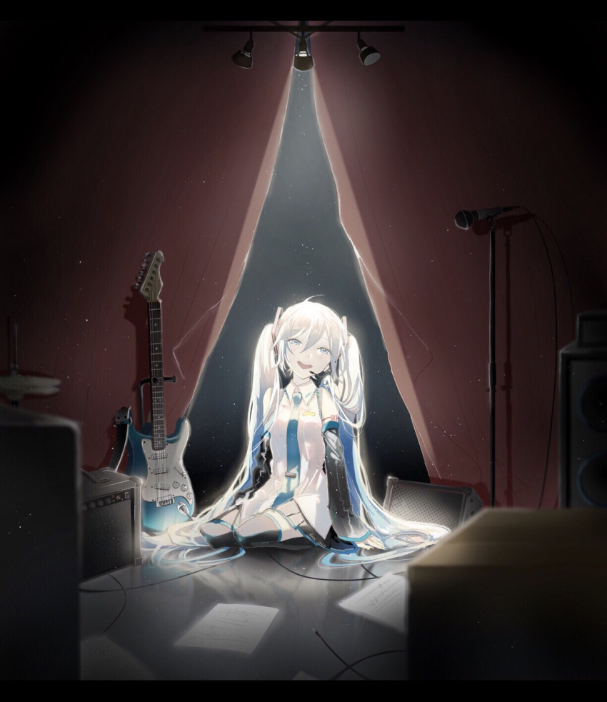 1girl :d amplifier arms_at_sides blue_eyes blue_hair blue_nails blue_neckwear blurry cable curtains depth_of_field detached_sleeves electric_guitar eyebrows_visible_through_hair fingernails guitar hamuna_86 happy hatsune_miku headset highres indoors instrument letterboxed long_hair looking_away microphone microphone_stand nail_polish necktie open_mouth paper reflection seiza sheet_music shirt sitting sleeveless sleeveless_shirt smile solo spotlight thigh-highs twintails very_long_hair vocaloid white_shirt