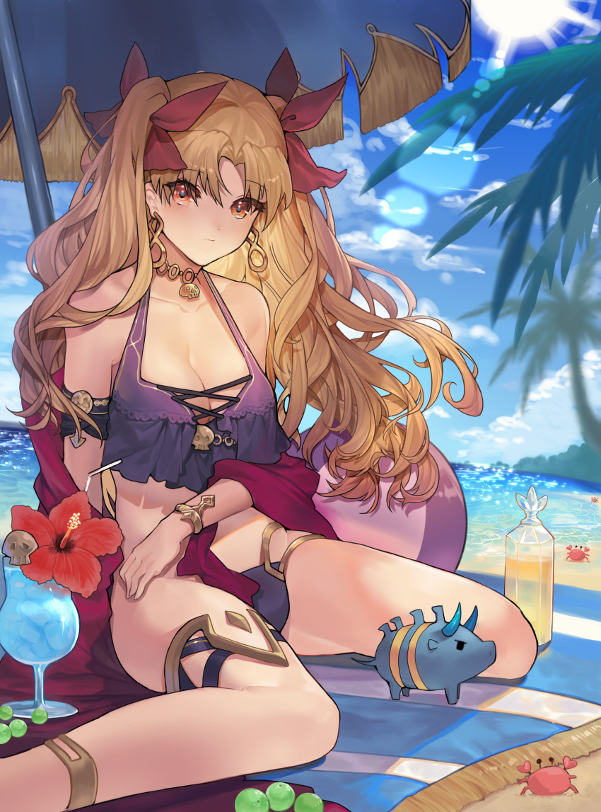 1girl absurdres bangs beach blonde_hair cape commentary_request earrings ereshkigal_(fate/grand_order) fate/grand_order fate_(series) highres hoop_earrings infinity jewelry long_hair necklace ocean outdoors parted_bangs red_eyes red_ribbon ribbon sakupannda06o skull solo two_side_up