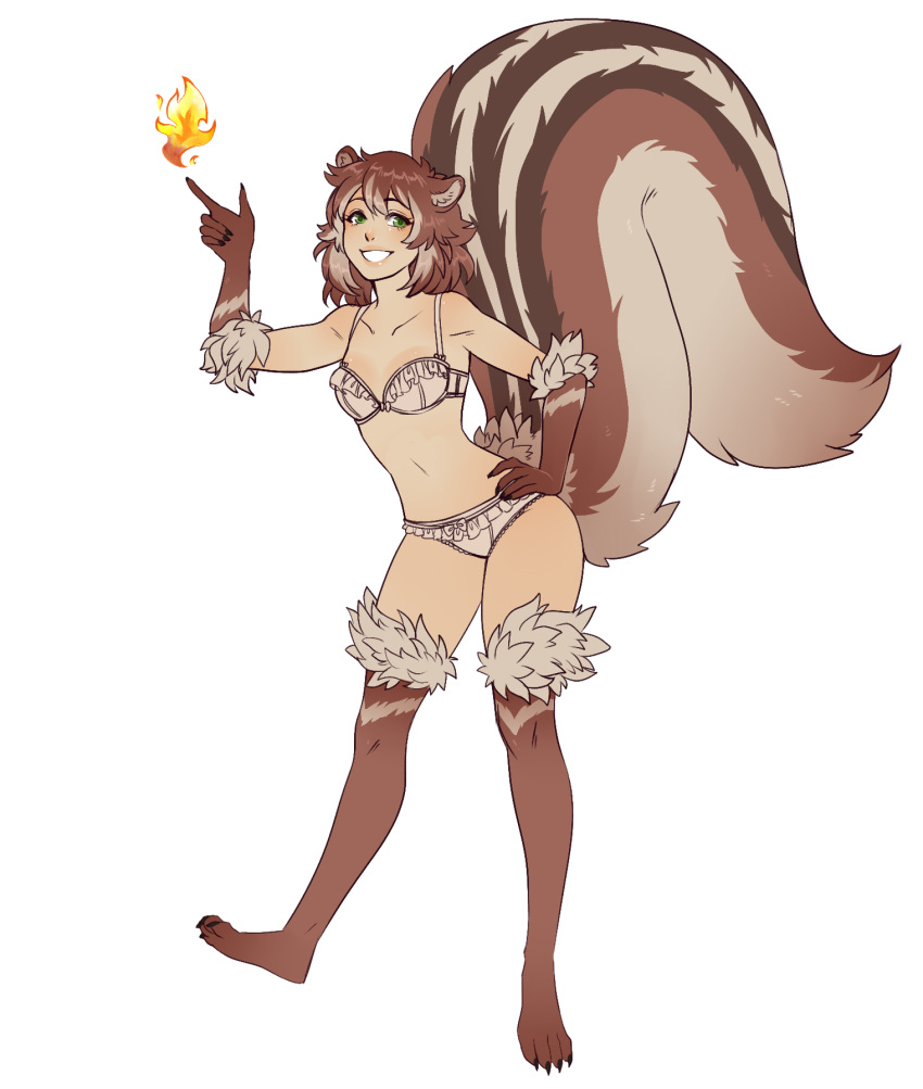 1girl :d animal_ears bangs bare_shoulders bow bow_panties bra breasts brown_hair claws collarbone commission contrapposto fire flame frilled_bra frilled_panties frills full_body fur green_eyes grin hair_between_eyes hand_on_hip highres index_finger_raised large_tail looking_at_viewer manosdetrapo multicolored_hair open_mouth original panties paws short_hair small_breasts smile solo squirrel_ears squirrel_girl squirrel_tail streaked_hair tail teeth transparent_background two-tone_hair underwear underwear_only white_bra white_panties