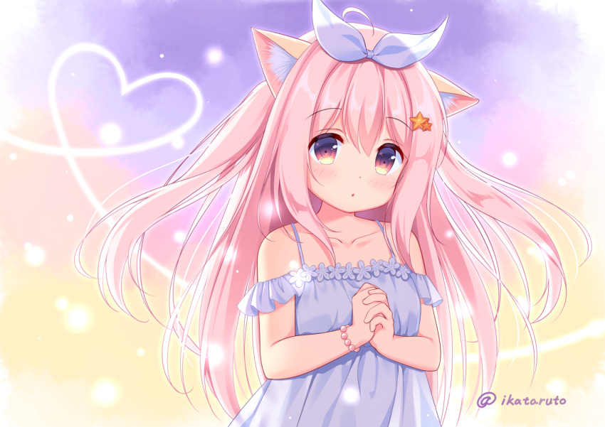 1girl :o ahoge animal_ear_fluff animal_ears bangs bare_shoulders blue_dress blue_ribbon blush bracelet breasts cat_ears collarbone commentary_request dress eyebrows_visible_through_hair hair_between_eyes hair_ornament hair_ribbon hands_clasped heart ikataruto interlocked_fingers jewelry long_hair looking_at_viewer original own_hands_together parted_lips pink_hair red_eyes ribbon sleeveless sleeveless_dress small_breasts solo star star_hair_ornament twitter_username two_side_up upper_body very_long_hair