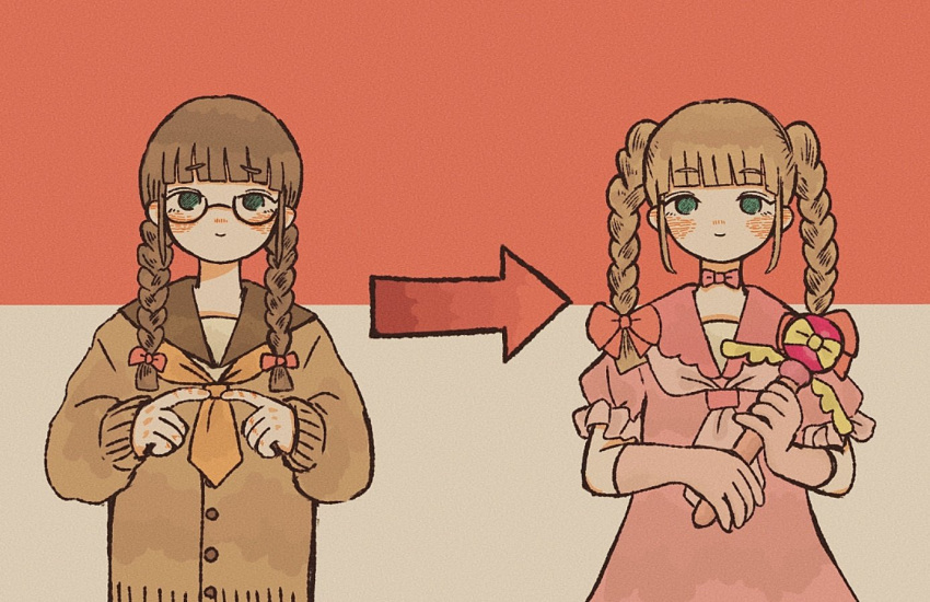 2girls bangs blunt_bangs bow braid brown_hair directional_arrow dress eyebrows_visible_through_hair fingers_together frilled_sleeves frills glasses gloves green_eyes hair_bow holding light_brown_hair long_sleeves looking_at_viewer low_twin_braids multiple_girls neckerchief orange_neckwear original pink_bow pink_dress pink_gloves pink_neckwear puffy_long_sleeves puffy_short_sleeves puffy_sleeves red_background red_bow sailor_collar sakura_szm short_sleeves smile twin_braids twintails two-tone_background upper_body white_background