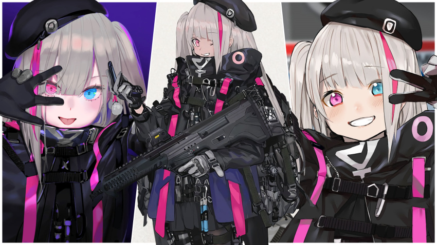 1girl :p arm_up bangs beret black_gloves black_headwear blue_eyes blunt_bangs buckle collaboration desert_tech_mdr eyebrows_visible_through_hair girls_frontline gloves gradient gradient_background grey_hair hair_between_eyes hat heterochromia highres jacket long_hair long_sleeves looking_at_viewer mdr_(girls_frontline) multicolored_hair official_art one_side_up open_clothes open_jacket open_mouth pinch_(nesume) pink_eyes pink_hair purple_background reaching_out self_shot shatte shiny shiny_hair side_ponytail sidelocks smile solo strap streaked_hair tongue tongue_out upper_body w w_over_eye