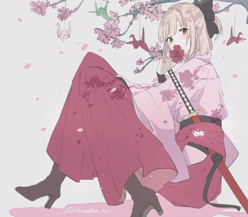 1girl ahoge bangs black_bow blonde_hair blurry boots bow brown_eyes brown_footwear cherry_blossoms commentary_request covered_mouth dress fate/grand_order fate_(series) flower hakama high_heel_boots high_heels highres holding holding_flower japanese_clothes katana kimono looking_at_viewer obi okita_souji_(fate) okita_souji_(fate)_(all) origami paper_crane petals pink_kimono red_hakama sash sheath sheathed short_hair simple_background sitting solo sword twitter_username weapon white_background yurumawari