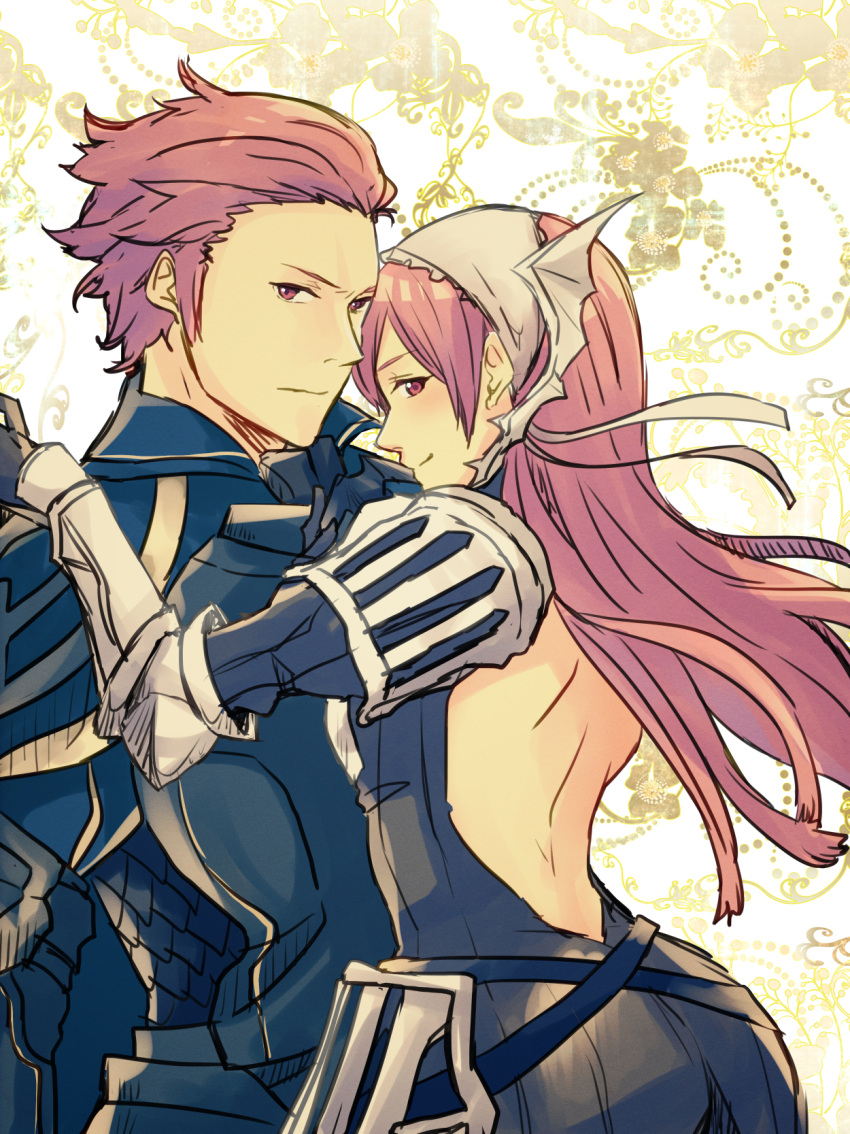 1boy 1girl armor back backless_outfit black_gloves cowboy_shot fire_emblem fire_emblem:_kakusei gauntlets gloves hair_ribbon hair_slicked_back highres hug jerome_(fire_emblem) long_hair looking_at_viewer looking_back maid_headdress mother_and_son nintendo nishimura_(nianiamu) patterned_background purple_hair ribbon scale_armor serge_(fire_emblem) short_hair smile straight_hair violet_eyes winged_hair_ornament