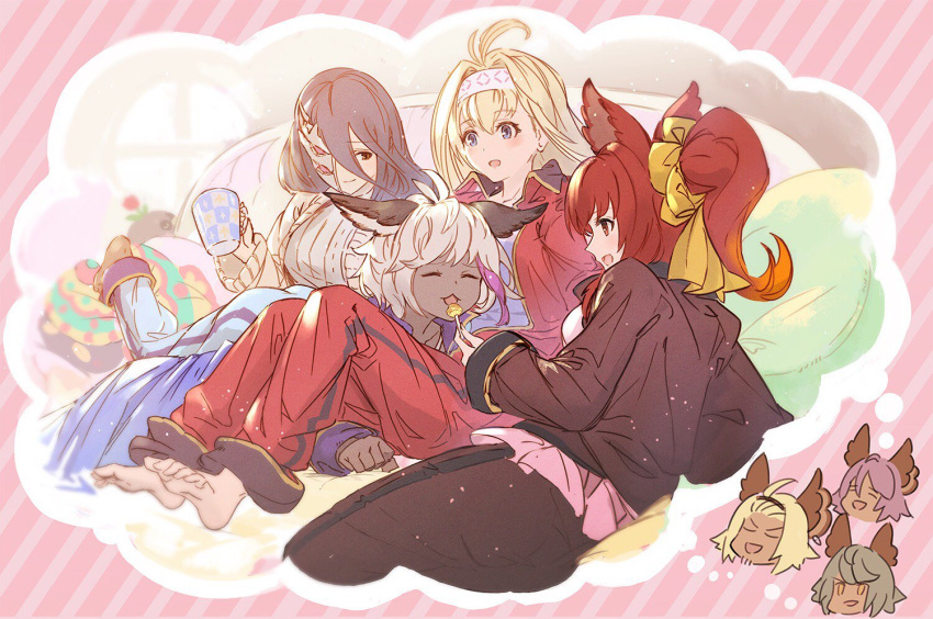 3girls 4girls :d ahoge animal_ears anthuria barefoot black_hair blonde_hair blue_eyes blush_stickers brown_eyes candy chloe_(granblue_fantasy) closed_eyes commentary commentary_request couch cup dark_skin elsam_(granblue_fantasy) erune feet food granblue_fantasy hairband indoors jacket jeanne_d'arc_(granblue_fantasy) lollipop long_hair lowain_(granblue_fantasy) mask multicolored_hair multiple_girls official_art open_mouth ponytail purple_hair red_eyes redhead rosamia_(granblue_fantasy) short_hair smile sweater thought_bubble toes tomoi_(granblue_fantasy) track_jacket track_suit two-tone_hair white_hair