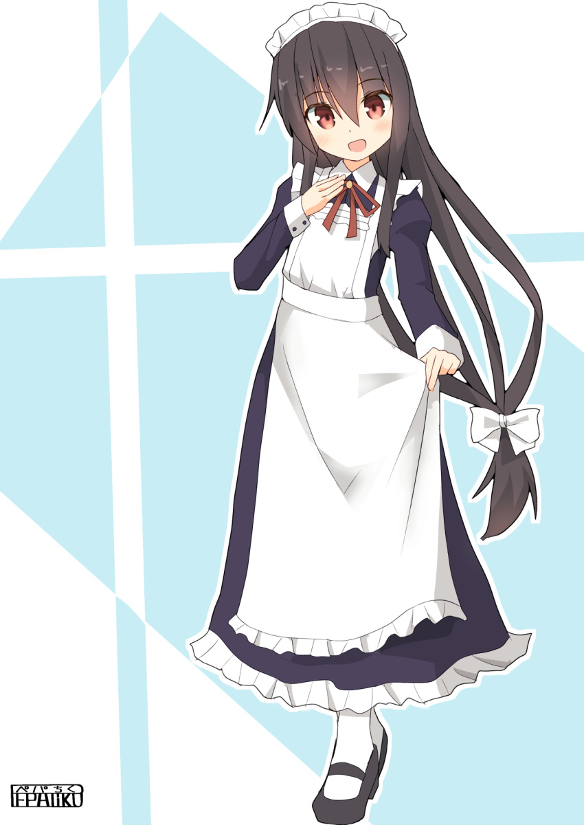 1girl alternate_costume apron artist_name black_dress black_footwear black_hair blush brown_eyes collared_dress dress enmaided eyebrows_visible_through_hair flat_chest frilled_apron frills full_body hair_between_eyes hand_on_own_chest hatsushimo_(kantai_collection) highres kantai_collection long_dress long_hair long_sleeves looking_at_viewer low-tied_long_hair maid maid_apron maid_headdress open_mouth pepatiku red_neckwear ribbon smile solo white_apron white_background white_legwear wrist_cuffs