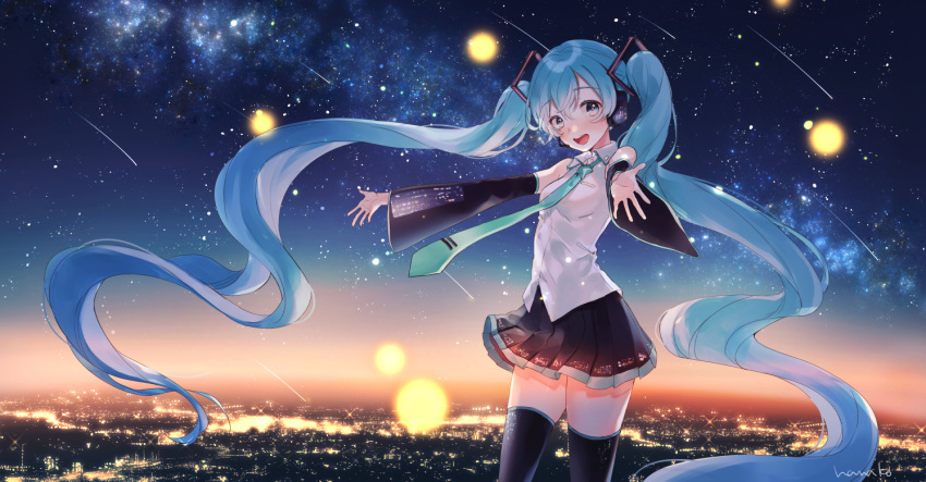 1girl :d black_skirt blue_eyes blue_hair blue_neckwear breasts city city_lights cityscape cowboy_shot detached_sleeves eyebrows_visible_through_hair floating_hair hanako151 hatsune_miku headset long_hair looking_at_viewer nebula necktie night night_sky open_mouth outdoors outstretched_arms round_teeth shirt shooting_star skirt sky sleeveless sleeveless_shirt small_breasts smile solo star_(sky) starry_sky teeth thigh-highs thighs twintails upper_body upper_teeth very_long_hair vocaloid white_shirt wide_shot