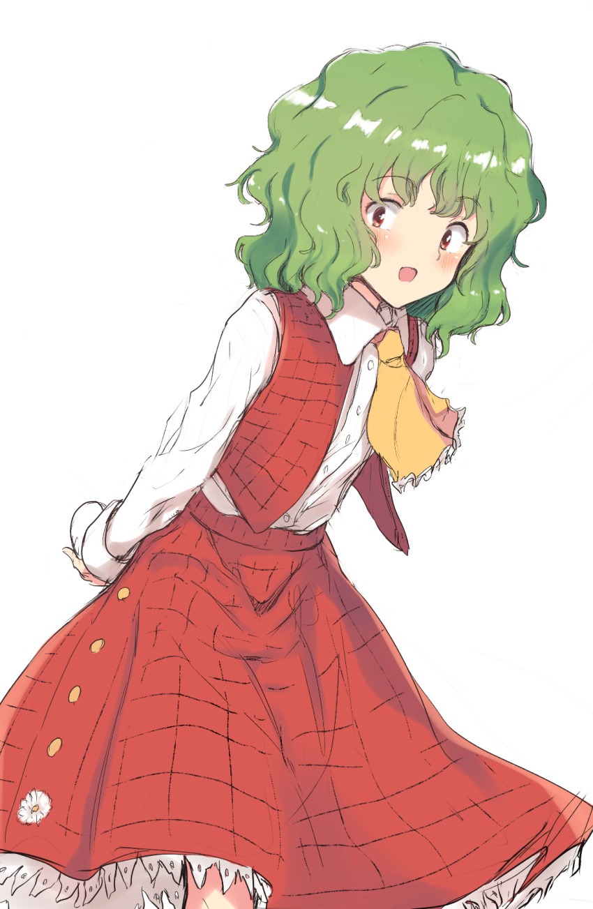 1girl arms_behind_back ascot bangs blush closed_umbrella collared_shirt cowboy_shot eyebrows_visible_through_hair flan_(harry_mackenzie) flat_chest flower_button frilled_ascot frills green_hair highres holding holding_umbrella kazami_yuuka long_skirt long_sleeves looking_at_viewer medium_hair open_clothes open_mouth open_vest plaid plaid_skirt plaid_vest red_eyes red_skirt red_vest reflective_eyes shiny shiny_hair shirt simple_background sketch skirt skirt_set smile solo touhou umbrella vest wavy_hair white_background white_shirt yellow_neckwear younger