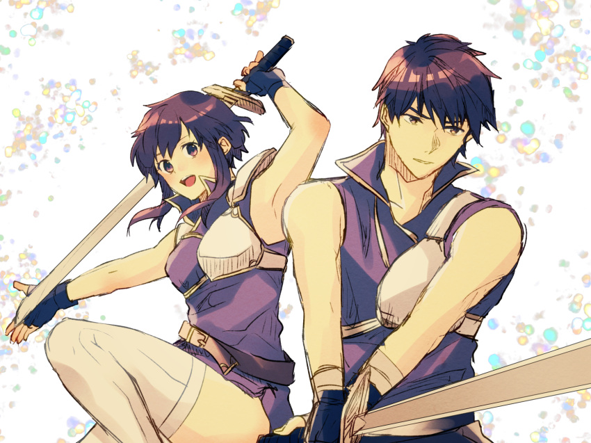 1boy 1girl armpits belt black_gloves black_hair breasts brother_and_sister cowboy_shot dress fingerless_gloves fire_emblem fire_emblem:_seisen_no_keifu gloves highres katana lakche_(fire_emblem) looking_at_viewer medium_breasts medium_hair nintendo nishimura_(nianiamu) open_mouth shirt short_dress short_hair shoulder_armor siblings sidelocks skasaha_(fire_emblem) sleeveless sword thigh-highs thighs violet_eyes weapon white_background white_legwear yellow_eyes