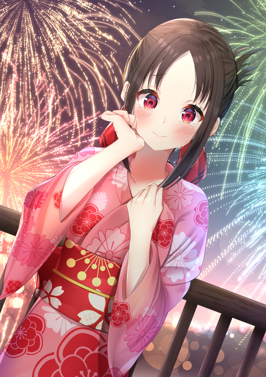 1girl absurdres bangs black_hair blush closed_mouth commentary_request crying crying_with_eyes_open dutch_angle eyebrows_visible_through_hair fireworks floral_print folded_ponytail hair_ribbon hand_on_own_cheek hand_on_own_chest happy_tears highres japanese_clothes kaguya-sama_wa_kokurasetai_~tensai-tachi_no_renai_zunousen~ kimono long_sleeves nari_(narikashi) night night_sky obi outdoors parted_bangs pink_kimono print_kimono railing red_eyes red_ribbon ribbon sash shinomiya_kaguya short_hair sidelocks sky smile solo tareme tears upper_body yukata