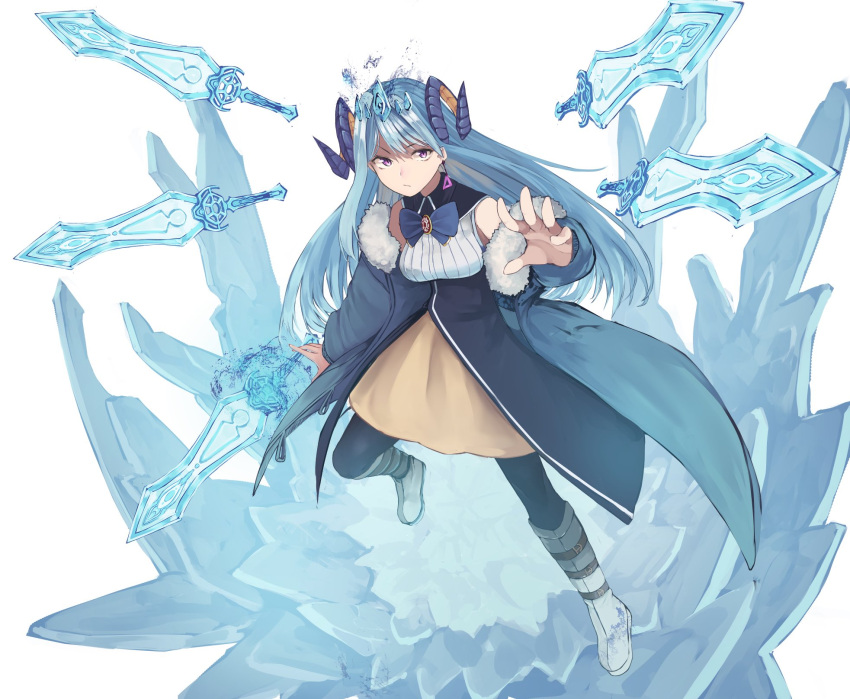 1girl bare_shoulders blue_bow blue_eyes blue_hair blue_horns blue_jacket blue_legwear blue_neckwear boots bow bowtie breasts commentary_request dress earrings eyebrows_visible_through_hair floating floating_weapon fur-trimmed_jacket fur_trim headgear highres hiiragi_mikoto horns ice jacket jewelry knee_boots long_hair long_sleeves magic medium_breasts multiple_swords original pantyhose simple_background solo striped sword weapon white_background white_footwear