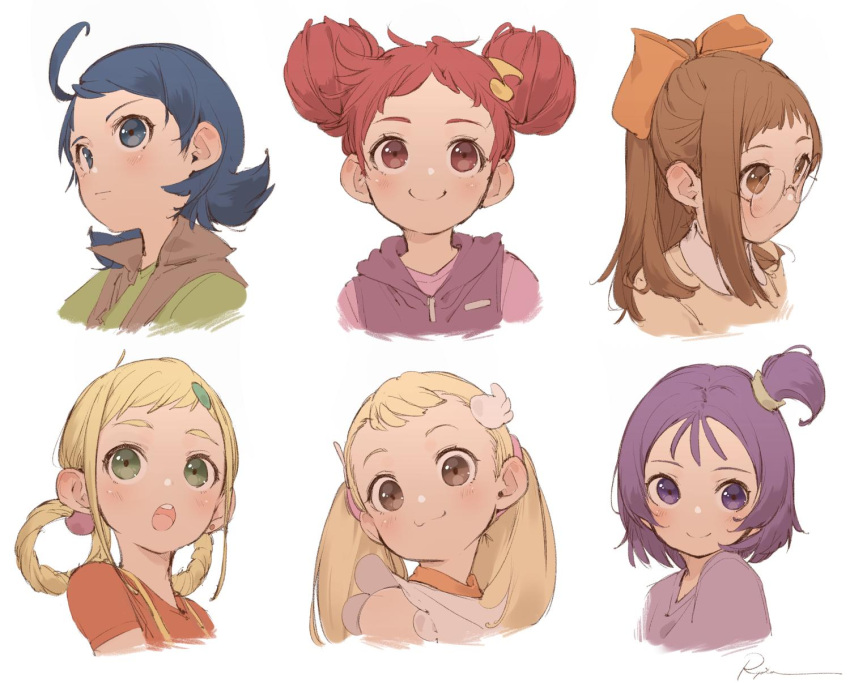 6+girls :3 :o ahoge asuka_momoko blonde_hair blue_eyes blue_hair bow brown_eyes brown_hair brown_shirt brown_vest closed_mouth double_bun earrings fujiwara_hazuki glasses green_eyes green_shirt hair_bow hair_ornament hair_rings hairclip harukaze_doremi head_tilt high_collar highres hood jewelry long_hair looking_at_viewer looking_away looking_up makihatayama_hana medium_hair multiple_girls musical_note_hair_ornament ojamajo_doremi one_side_up open_mouth orange_bow orange_shirt pink_shirt ponytail portrait purple_hair red_eyes redhead round_eyewear round_teeth ryota_(ry_o_ta) segawa_onpu senoo_aiko shirt short_hair short_sleeves sidelocks signature simple_background smile suspenders teeth twintails upper_teeth vest violet_eyes white_background