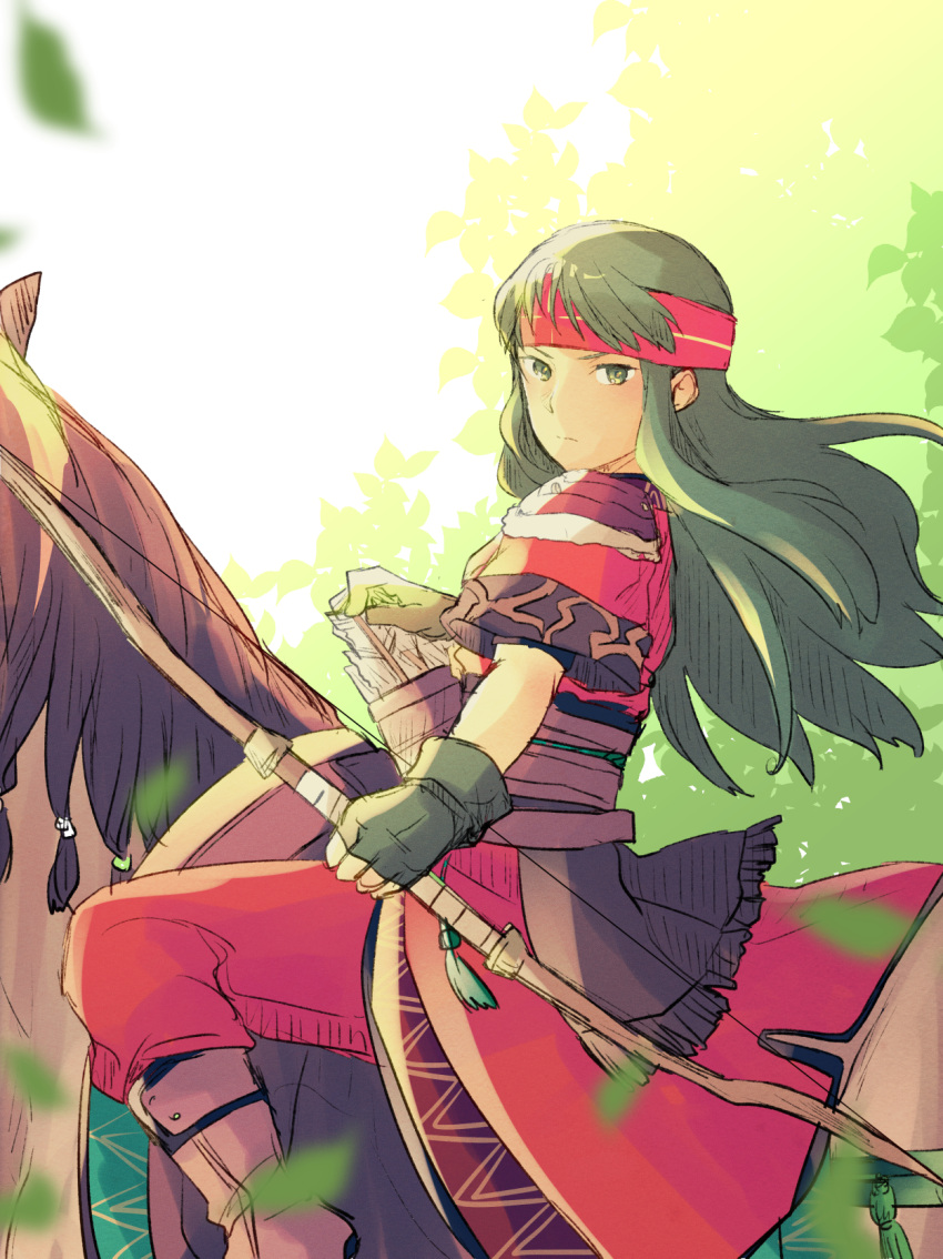 1girl arrow bandanna black_gloves boots bow_(weapon) brown_footwear dress expressionless fingerless_gloves fire_emblem fire_emblem:_fuuin_no_tsurugi gloves green_eyes green_hair headband highres horse horseback_riding long_hair looking_at_viewer nintendo nishimura_(nianiamu) pants plant quiver riding sash short_sleeves shoulder_armor solo straight_hair sue_(fire_emblem) weapon