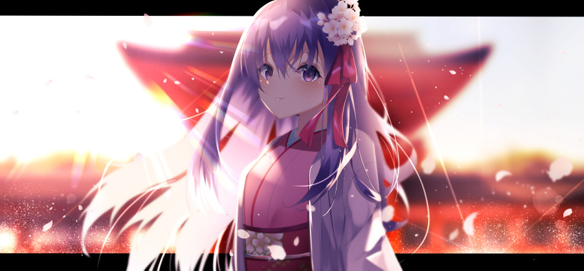 1girl absurdres bangs blurry blurry_background closed_mouth commentary_request depth_of_field eyebrows_visible_through_hair fate/grand_order fate_(series) floating_hair flower hair_between_eyes hair_flower hair_ornament hair_ribbon highres japanese_clothes kimono letterboxed long_hair looking_at_viewer matou_sakura obi parvati_(fate/grand_order) pink_kimono purple_hair red_ribbon ribbon sash smile solo suisen-21 upper_body very_long_hair violet_eyes white_flower