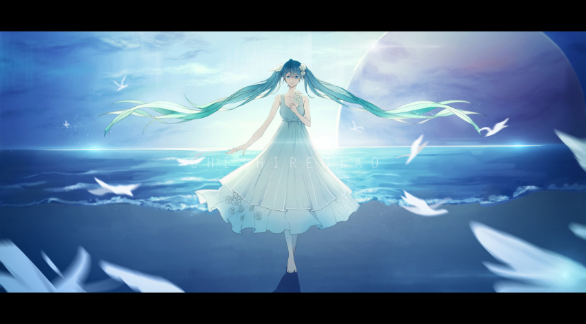 1girl absurdly_long_hair absurdres animal arm_at_side backlighting barefoot beach bird blue_eyes blue_hair breasts chaijunmao commentary dress expressionless eyebrows_visible_through_hair floral_print flower flying frilled_dress frills hand_on_own_chest hatsune_miku highres horizon letterboxed long_dress long_hair looking_at_viewer moon ocean rose shadow sleeveless sleeveless_dress small_breasts solo sunlight text_focus twintails very_long_hair vocaloid water white_dress white_flower white_rose wide_shot