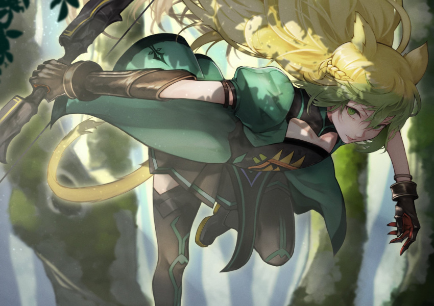 1girl 55level animal_ears atalanta_(fate) black_footwear black_gloves black_legwear black_skirt blonde_hair boots bow_(weapon) braid breasts cat_ears cat_tail commentary fate/grand_order fate_(series) gloves green_eyes green_hair hair_between_eyes highres knee_up long_hair looking_at_viewer mismatched_sleeves multicolored_hair outdoors pleated_skirt puffy_short_sleeves puffy_sleeves short_sleeves skirt solo tail thigh-highs thigh_boots tree two-tone_hair v-shaped_eyebrows weapon