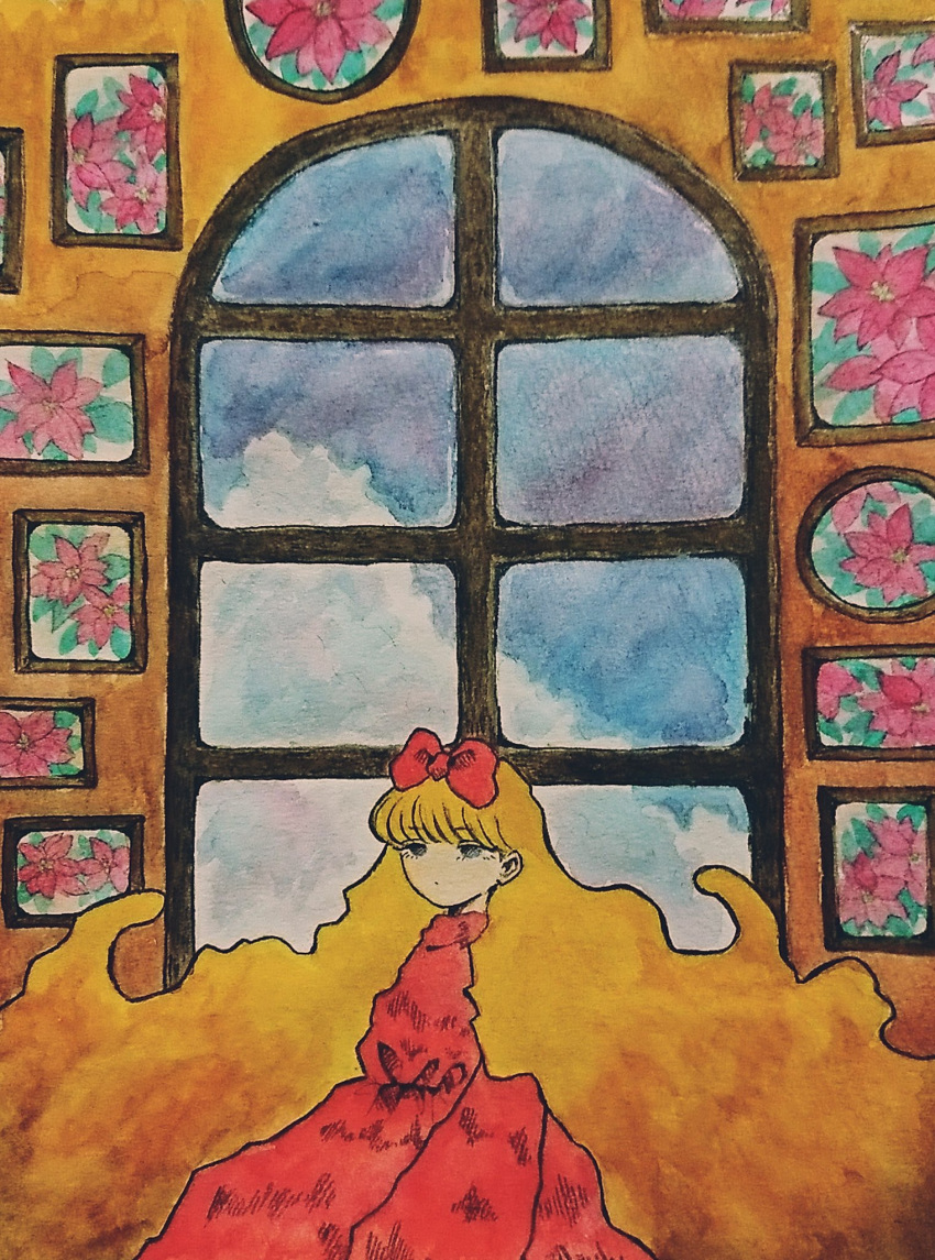 1girl bangs blonde_hair blue_eyes blue_sky bow clouds cloudy_sky dress expressionless eyebrows_visible_through_hair flower frame hair_bow highres long_hair long_sleeves no_nose original pink_flower red_bow sakura_szm sky solo traditional_media upper_body very_long_hair wall watercolor_(medium) window