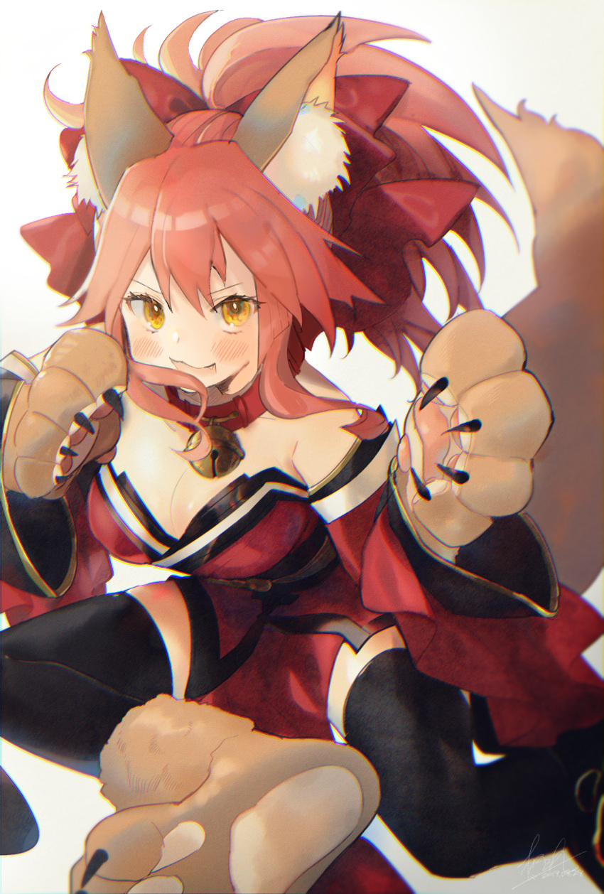 1girl animal_ear_fluff animal_ears bell bell_collar belt_collar black_legwear blush bow breasts cleavage collar detached_sleeves dress fang fate/grand_order fate_(series) fox_ears fox_girl fox_tail gloves hair_bow highres japanese_clothes kimono looking_at_viewer medium_breasts nishikiya open_mouth paw_boots paw_gloves paws pink_hair ponytail red_bow red_collar red_kimono sash short_kimono simple_background sleeveless sleeveless_dress sleeveless_kimono smile solo tail tamamo_(fate)_(all) tamamo_cat_(fate) thigh-highs white_background wide_sleeves yellow_eyes