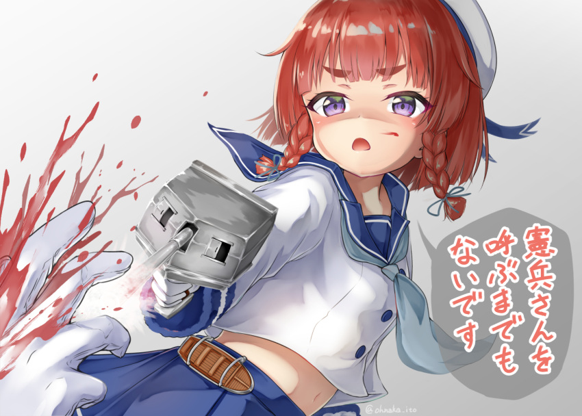 1girl bangs blood blood_on_face blue_neckwear blue_ribbon blue_sailor_collar blue_skirt bob_cut braid buttons commentary_request etorofu_(kantai_collection) eyebrows_visible_through_hair firing gloves hair_between_eyes hair_ribbon hat holding holding_weapon kantai_collection long_sleeves midriff muzzle_flash navel neckerchief oonaka_ito open_mouth pleated_skirt redhead ribbon sailor_collar sailor_hat school_uniform serafuku shaded_face side_braid simple_background skirt speech_bubble standing thick_eyebrows translation_request tress_ribbon tsurime turret twin_braids violet_eyes weapon white_gloves white_headwear