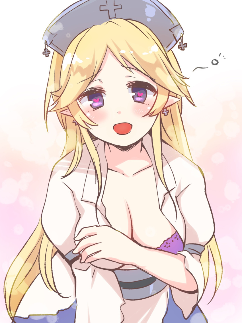 1girl :d ayase_yukari bangs blonde_hair blush bra breasts cleavage collarbone cross dress earrings grey_headwear gucchiann hat heart heart-shaped_pupils highres jewelry long_hair long_sleeves looking_at_viewer medium_breasts nurse nurse_cap open_mouth parted_bangs pointy_ears princess_connect! princess_connect!_re:dive purple_bra smile solo symbol-shaped_pupils underwear undressing very_long_hair violet_eyes white_dress wide_sleeves