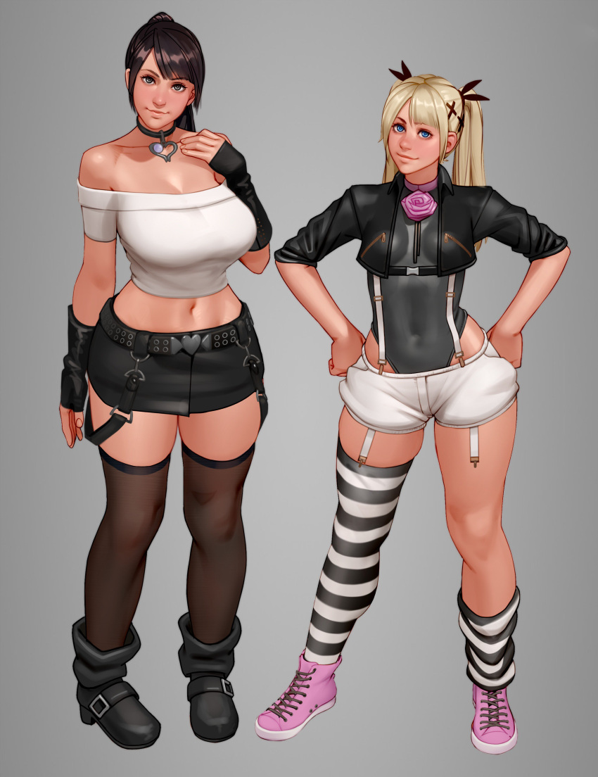 2girls absurdres alternate_costume ankle_boots bangs bare_shoulders belt belt_buckle black_gloves black_hair black_legwear black_swimsuit blue_eyes boots breasts buckle choker cleavage collarbone commentary cropped_jacket dead_or_alive english_commentary fingerless_gloves flower full_body garter_straps gloves grey_eyes hair_ornament hair_ribbon hands_on_hips head_tilt heart heart_choker highres jacket kairuhentai kokoro_(doa) large_breasts leather leather_jacket light_smile lips long_hair looking_at_viewer loose_thighhigh marie_rose midriff multiple_girls navel nose off_shoulder one-piece_swimsuit pencil_skirt pink_choker ponytail ribbon rose sheer_legwear shoes shorts skirt small_breasts sneakers striped striped_legwear suspenders swept_bangs swimsuit swimsuit_under_clothes thigh-highs x_hair_ornament zettai_ryouiki
