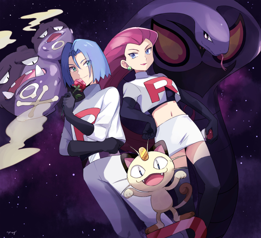 1boy 1girl arbok belt black_gloves black_legwear blue_eyes blue_hair closed_mouth commentary_request creatures_(company) crop_top earrings elbow_gloves flower game_freak gen_1_pokemon gloves green_eyes hair_slicked_back hand_on_hip holding holding_flower holding_poke_ball jewelry kojirou_(pokemon) long_hair mei_(maysroom) meowth midriff musashi_(pokemon) navel nintendo pants pink_hair poke_ball poke_ball_(generic) pokemon pokemon_(anime) pokemon_(creature) purple_background red_flower red_rose rose shirt skirt team_rocket team_rocket_uniform thigh-highs very_long_hair weezing white_pants white_shirt white_skirt