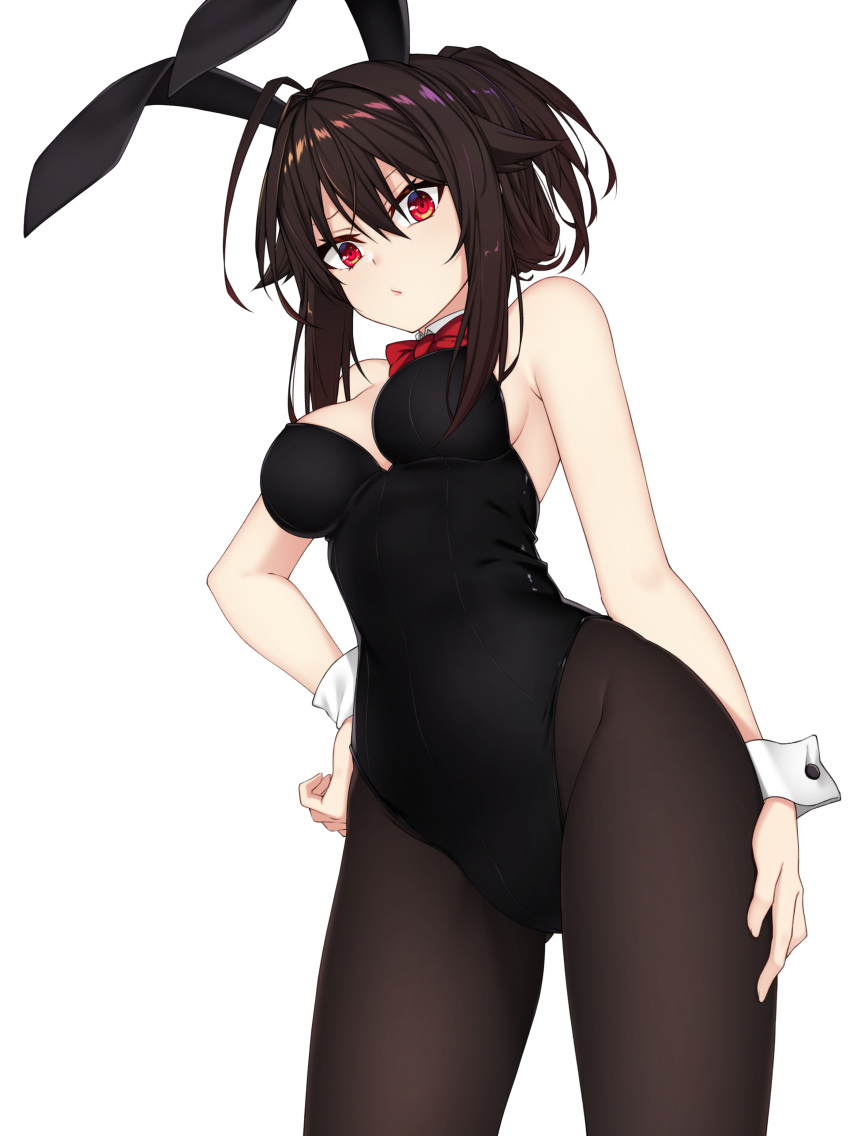 1girl absurdres animal_ears black_hair black_legwear bow bowtie breasts bunny_girl bunnysuit hair_between_eyes hand_on_hip healther highres looking_at_viewer original pantyhose ponytail rabbit_ears red_eyes simple_background white_background wrist_cuffs
