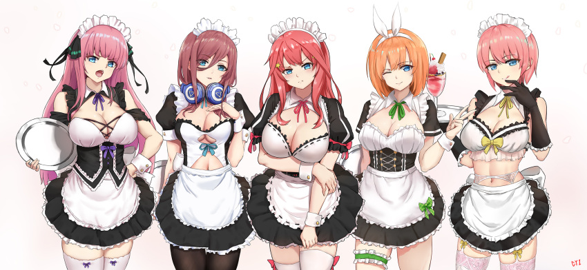 5girls :q ahoge apron bangs black_gloves black_legwear black_ribbon blue_bow blue_eyes blunt_bangs blush bow bow_legwear breasts brown_hair cleavage closed_mouth corset cyicheng eyebrows_visible_through_hair frills garter_belt garter_straps gloves go-toubun_no_hanayome green_bow green_ribbon hair_between_eyes hair_ornament hair_ribbon headphones headphones_around_neck highres large_breasts leg_garter long_hair looking_at_viewer maid maid_headdress midriff multiple_girls nakano_ichika nakano_itsuki nakano_miku nakano_nino nakano_yotsuba navel one_eye_closed open_mouth orange_hair pantyhose parfait pink_hair puffy_short_sleeves puffy_sleeves purple_bow red_bow redhead ribbon short_hair short_sleeves simple_background skirt smile standing star star_hair_ornament thigh-highs tongue tongue_out tray under_boob upper_teeth v waist_apron white_apron white_legwear wrist_cuffs yellow_bow zettai_ryouiki