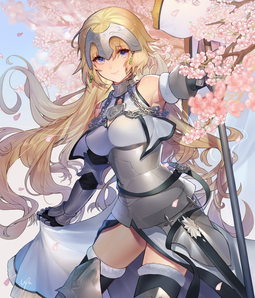 1girl absurdres armor banner blonde_hair blue_eyes blue_sky breasts bridal_gauntlets chains cherry_blossoms commentary_request earrings elbow_gloves fate/grand_order fate_(series) flag gauntlets gloves headpiece highres holding jeanne_d'arc jeanne_d'arc_(fate) jeanne_d'arc_(fate)_(all) jewelry large_breasts lips long_hair outdoors pauldrons sakupannda06o sheath sky smile solo thigh-highs weapon