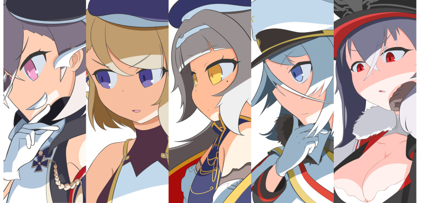 5girls absurdres aiguillette azur_lane bangs bare_shoulders beret blue_eyes blunt_bangs breasts cleavage closed_mouth disgaea expressionless eyebrows_visible_through_hair fiido gloves graf_zeppelin_(azur_lane) grin hair_between_eyes hair_ornament hand_up hat highres iron_cross large_breasts long_hair looking_afar looking_down military military_uniform mole mole_under_eye multiple_girls open_mouth parody peaked_cap pink_eyes red_eyes shaded_face short_hair side_ponytail sidelocks silver_hair small_breasts smile style_parody tirpitz_(azur_lane) uniform very_long_hair violet_eyes white_gloves yellow_eyes z1_leberecht_maass_(azur_lane) z23_(azur_lane) z46_(azur_lane)