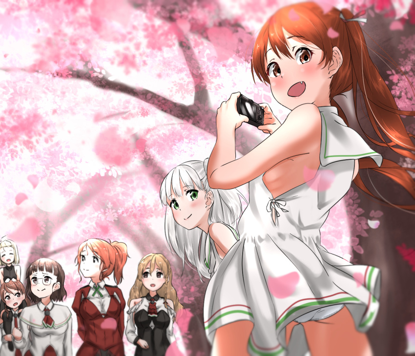 6+girls anchor_necklace aquila_(kantai_collection) bare_shoulders bike_shorts black_hairband blonde_hair blush braid breasts brown_eyes brown_hair camera cherry_blossoms closed_eyes closed_mouth corset dress eyebrows_visible_through_hair french_braid glasses green_eyes green_ribbon hair_ornament hair_ribbon hairband hairclip headgear high_heels high_ponytail highres italia_(kantai_collection) jacket kantai_collection large_breasts littorio_(kantai_collection) long_hair looking_at_viewer luigi_torelli_(kantai_collection) maestrale_(kantai_collection) medium_hair multiple_girls necktie one_side_up open_mouth orange_hair panties pantyshot pince-nez red_jacket remodel_(kantai_collection) ribbon roma_(kantai_collection) sailor_dress shirt silver_hair sleeveless sleeveless_dress sleeveless_shirt small_breasts smile solo tama_(seiga46239239) uit-25_(kantai_collection) underwear wavy_hair white_dress white_panties white_ribbon white_shirt zara_(kantai_collection)