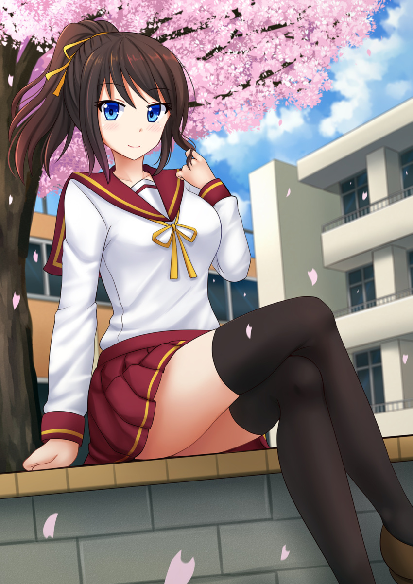 1girl black_legwear blue_eyes blue_sky blurry blush breasts brown_footwear brown_hair building cherry_blossoms closed_mouth clouds cloudy_sky collarbone commentary commission day depth_of_field hair_ribbon hand_up highres kazenokaze large_breasts legs_crossed long_hair long_sleeves looking_at_viewer miniskirt original outdoors petals pleated_skirt ponytail red_sailor_collar red_skirt ribbon sailor_collar school_uniform shirt shoes sitting skirt sky smile solo thigh-highs tree white_shirt yellow_ribbon zettai_ryouiki