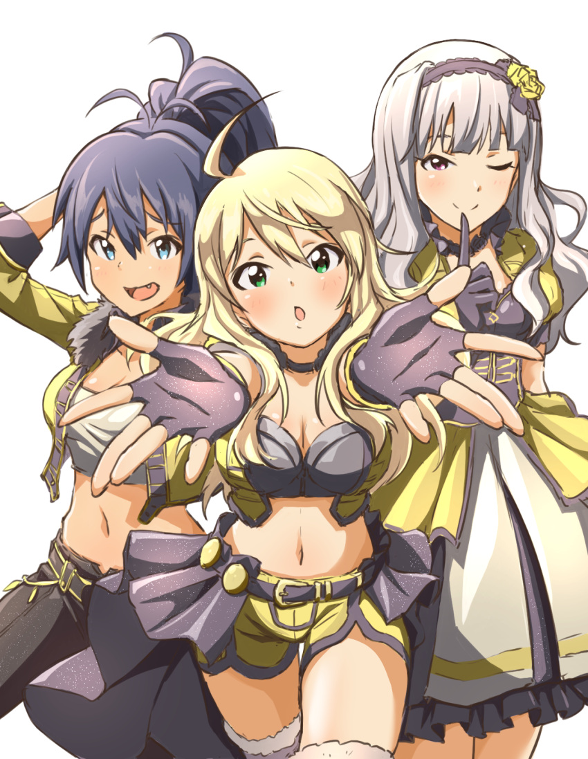 3girls ahoge antenna_hair asanaya black_gloves black_legwear blonde_hair blush breasts cleavage commentary_request dress fang fingerless_gloves flower ganaha_hibiki gloves green_eyes hair_flower hair_ornament headdress highres hoshii_miki idolmaster idolmaster_million_live! idolmaster_million_live!_theater_days jacket large_breasts long_hair long_skirt looking_at_viewer multiple_girls navel one_eye_closed pants ponytail puffy_short_sleeves puffy_sleeves shijou_takane short_sleeves shorts simple_background skirt smile white_background yellow_flower yellow_jacket yellow_shorts