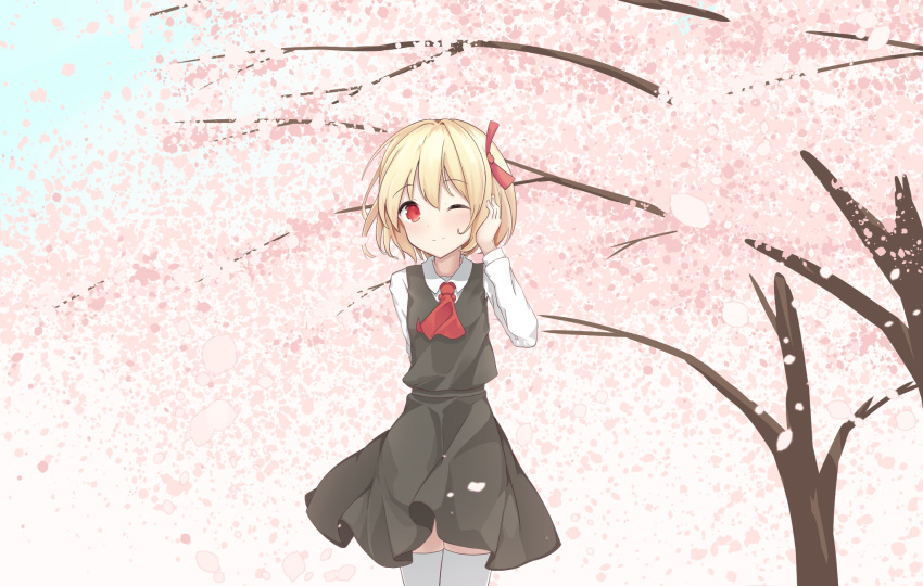 1girl arm_behind_back arm_up black_skirt black_vest blonde_hair blue_sky blush cherry_blossoms cravat day eyebrows_visible_through_hair hair_between_eyes hair_ribbon hand_in_hair hand_on_own_head highres hino_(yuruyurukoubou) long_sleeves looking_at_viewer one_eye_closed outdoors petals red_eyes red_neckwear ribbon rumia shirt short_hair skirt sky solo standing thigh-highs touhou tree vest white_legwear white_shirt wind wind_lift