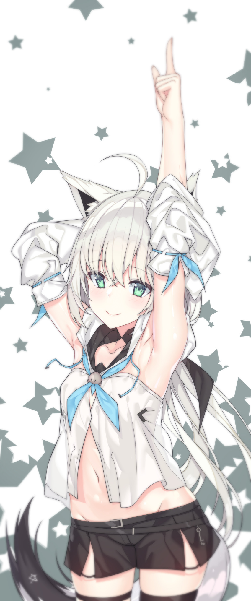 1girl absurdres ahoge animal_ears armpits arms_up bangs bare_shoulders belt black_legwear black_shorts blue_neckwear blush breasts closed_mouth collarbone cowboy_shot crop_top detached_collar detached_sleeves fox_ears fox_girl fox_tail green_eyes groin hair_between_eyes highres hololive index_finger_raised jyt long_hair looking_at_viewer midriff navel neckerchief shirakami_fubuki short_shorts shorts silver_hair single_thighhigh small_breasts smile solo standing star stomach tail thigh-highs thigh_strap very_long_hair virtual_youtuber