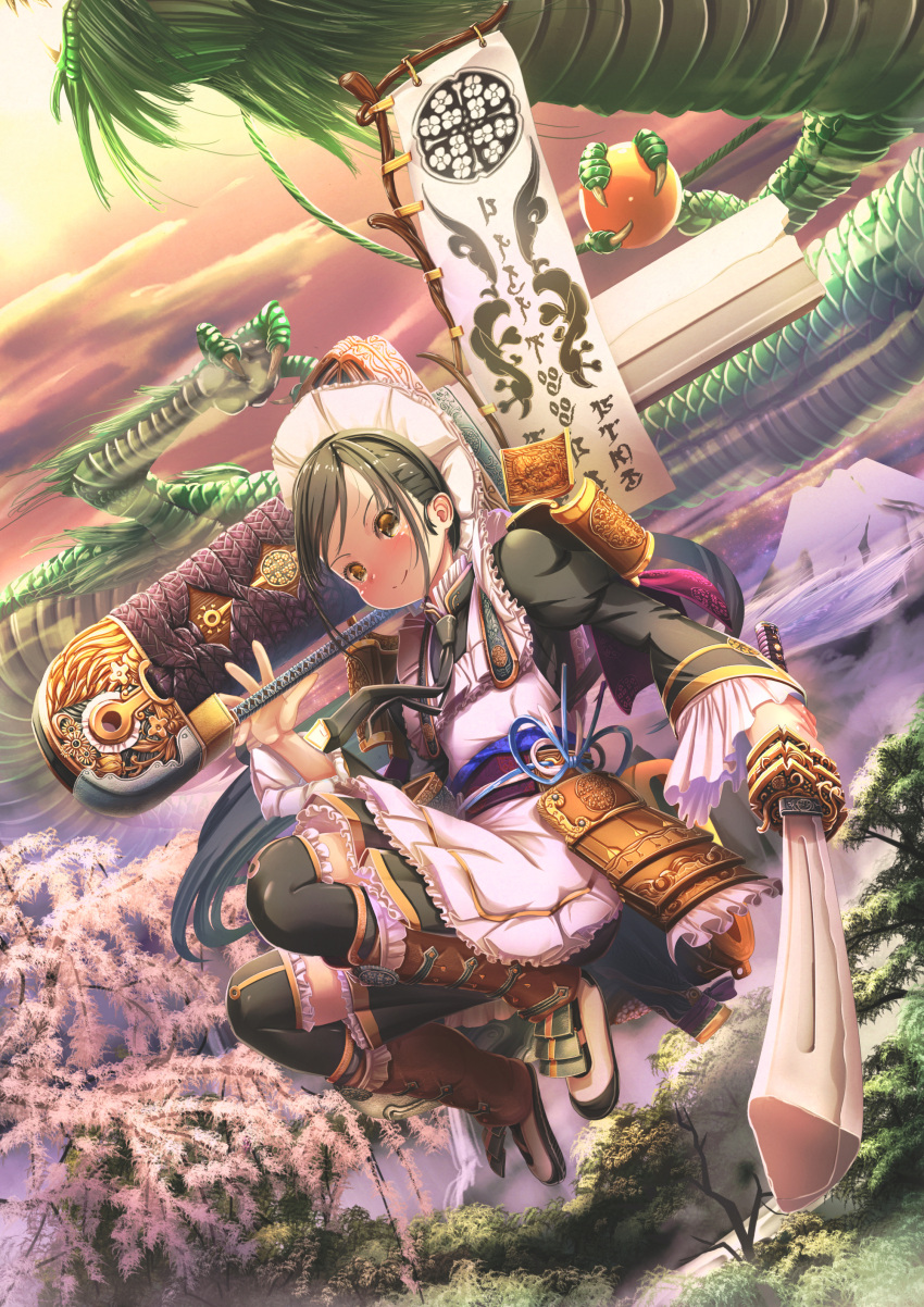 1girl abo_(kawatasyunnnosukesabu) absurdres apron banner black_dress black_hair black_legwear black_neckwear cherry_blossoms clothing_request commentary_request dress frilled_legwear frilled_sleeves frills highres holding holding_sword holding_weapon long_hair long_sleeves maid maid_headdress mountain necktie obi original outdoors over-kneehighs over_shoulder sash shoes sidelocks smile solo sword thigh-highs tree uwabaki weapon weapon_request white_apron yellow_eyes