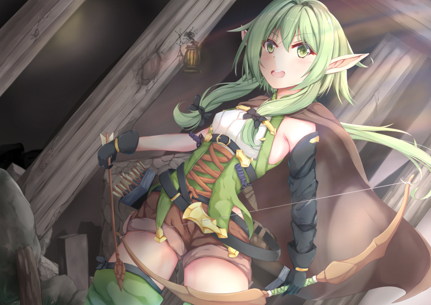 1girl arrow belt black_belt black_bow black_gloves blush bow bow_(weapon) breasts brown_cape brown_shorts cape commentary_request detached_sleeves elf eyebrows_visible_through_hair gloves goblin_slayer! green_eyes green_hair green_legwear hair_between_eyes hair_bow hair_ornament high_elf_archer_(goblin_slayer!) highres holding holding_arrow holding_bow_(weapon) holding_weapon long_hair looking_at_viewer mia_(kuja999) mismatched_sleeves open_mouth pointy_ears shorts sidelocks small_breasts solo thigh-highs upper_teeth weapon