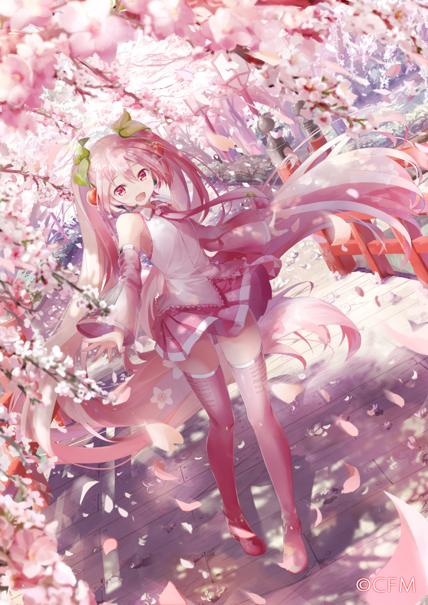 1girl aomori_prefecture bangs boots castle cherry cherry_blossoms collared_shirt commentary_request detached_sleeves eyebrows_visible_through_hair floating_hair flower food fruit full_body hair_flower hair_ornament hatsune_miku headset highres ixima long_hair looking_at_viewer necktie open_mouth petals pink_eyes pink_footwear pink_hair pink_legwear pink_neckwear pink_skirt pleated_skirt real_world_location sakura_miku shirt sidelocks skirt sleeveless sleeveless_shirt smile solo thigh-highs thigh_boots twintails very_long_hair vocaloid watermark white_shirt wide_sleeves wind wind_lift