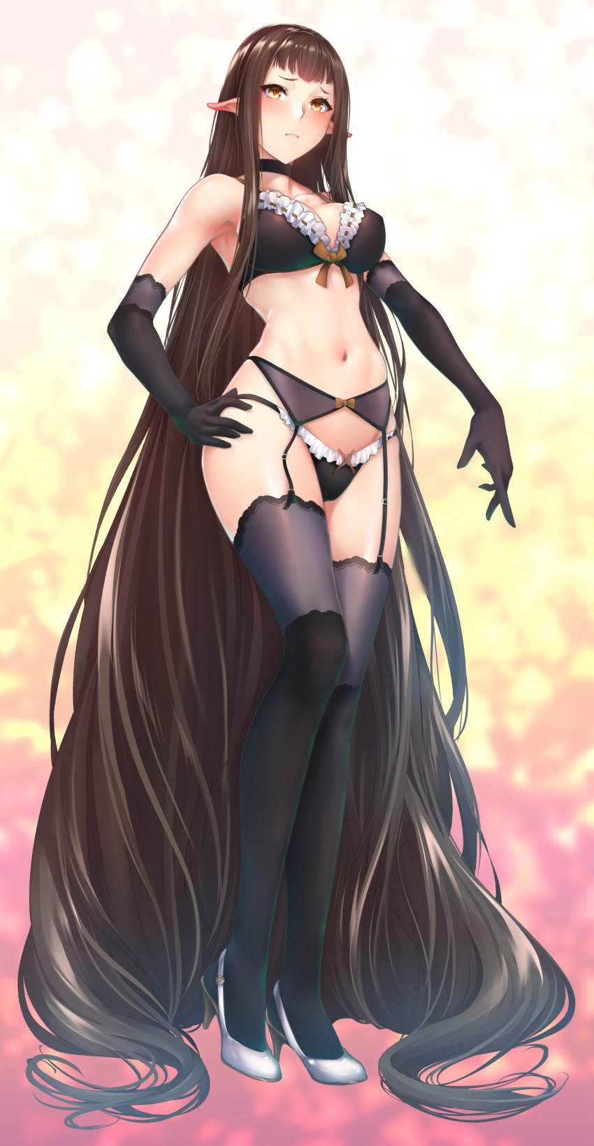 1girl absurdly_long_hair absurdres bangs black_bra black_choker black_legwear black_panties blunt_bangs blush bow bow_panties bra breasts brown_eyes brown_hair choker cleavage closed_mouth collarbone contrapposto elbow_gloves enty_reward eyebrows_visible_through_hair eyelashes fate/apocrypha fate/grand_order fate_(series) frilled_bra frilled_panties frills full_body garter_belt garter_straps gloves groin hand_on_hip high_heels highres lace lace-trimmed_bra lace-trimmed_panties large_breasts legs_together lingerie long_hair looking_at_viewer navel paid_reward panties ribbon ribbon-trimmed_bra semiramis_(fate) short_bangs shorts sidelocks solo standing stomach thigh-highs underwear underwear_only very_long_hair white_background white_bag white_shorts yellow_bow yellow_ribbon zucchini