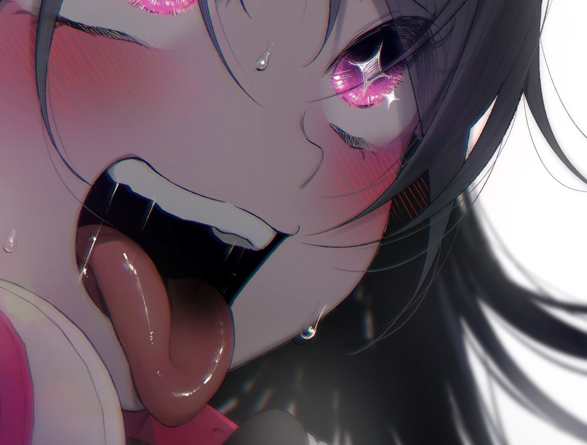 +_+ 1girl ahegao black_hair blurry blush character_request close-up copyright_request eyes_visible_through_hair face hair_between_eyes highres messy_hair open_mouth pink_eyes saliva shiny shiny_skin shiori_(moechin) solo sweat tagme teeth tongue white_background