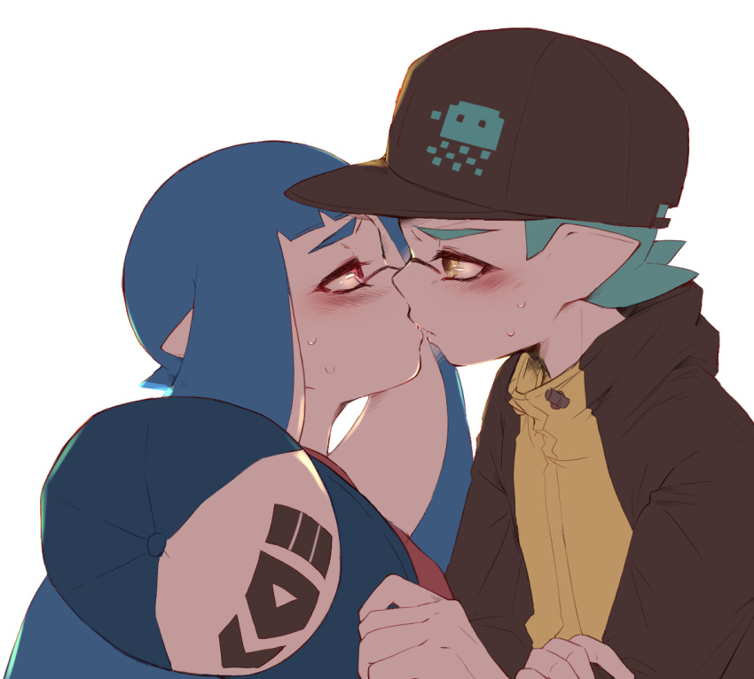 1boy 1girl arm_grab bangs baseball_cap black_headwear blue_hair blue_headwear blunt_bangs blush commentary domino_mask from_side green_hair hat hat_removed headwear_removed hetero holding holding_hat inkling jacket kiss long_hair looking_at_another maimo mask parted_lips pointy_ears print_hat red_eyes simple_background splatoon splatoon_(series) splatoon_2 sweat tentacle_hair white_background yellow_eyes yellow_jacket