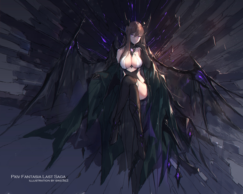 1girl artist_name bangs bare_shoulders breasts brown_hair cleavage commentary_request copyright_name dragon_wings hair_between_eyes highres horns large_breasts legs_crossed long_hair long_sleeves looking_at_viewer pixiv_fantasia pixiv_fantasia_last_saga revealing_clothes sitting smile solo swd3e2 violet_eyes wide_shot wide_sleeves wings